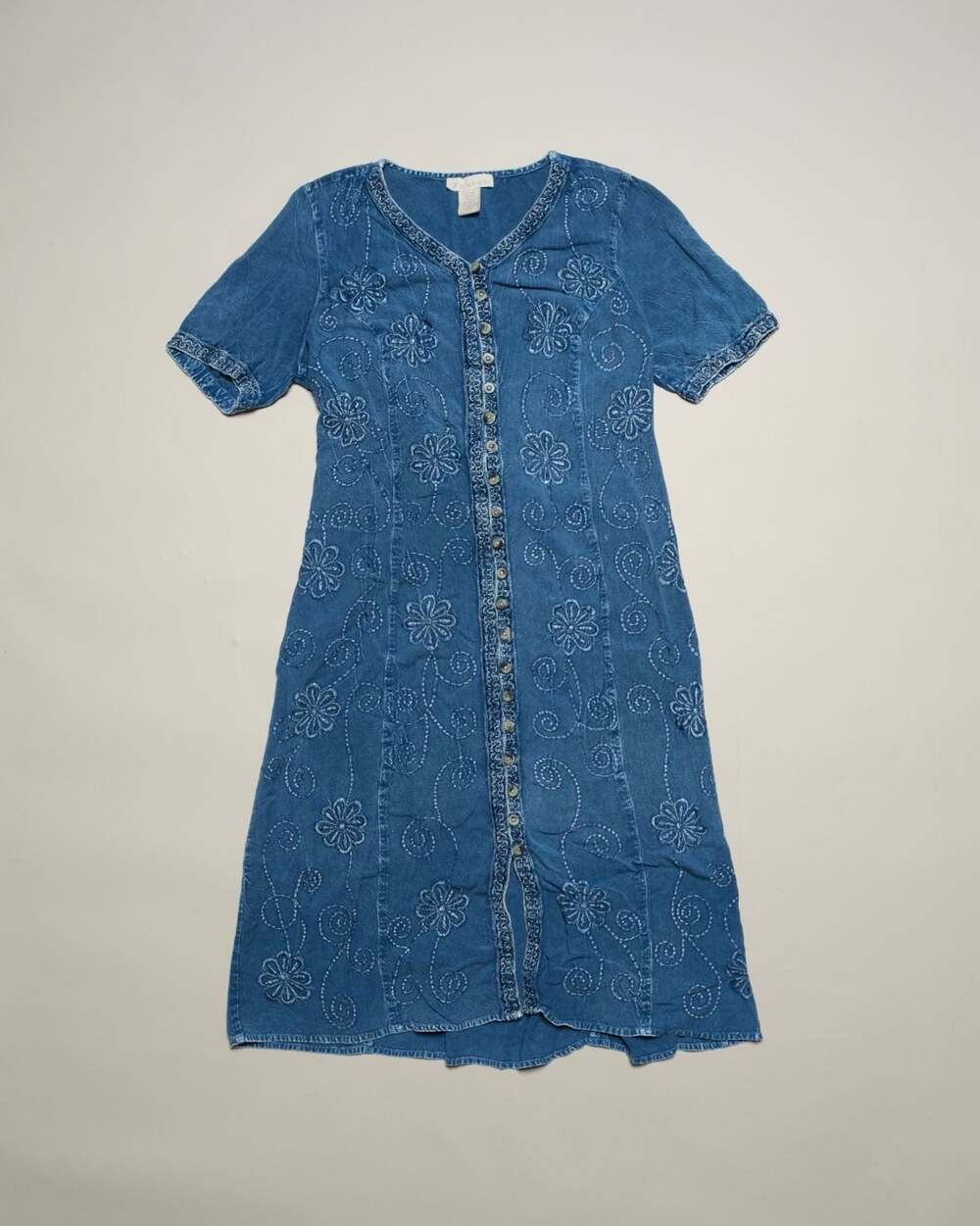 Vintage Blue Embroidered Button-Down Floral Midi Dress - Size Petite L